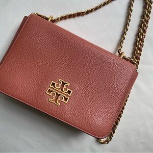 Tory Burch Britten Adjustable Shoulder Leather Bag Purse in Tramonto Pink